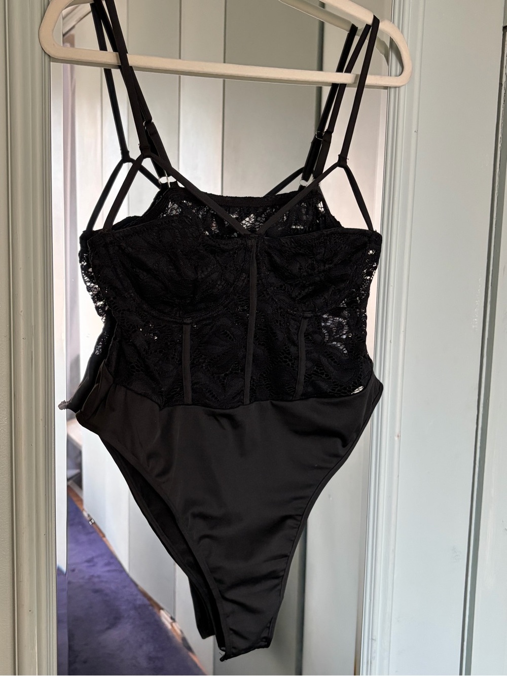 Women's Black Lace Satin Strappy Bodysuit Ribbed Solid Black Plus Size 0XL